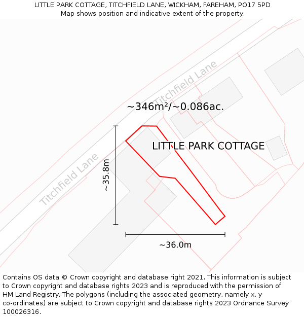 LITTLE PARK COTTAGE, TITCHFIELD LANE, WICKHAM, FAREHAM, PO17 5PD: Plot and title map