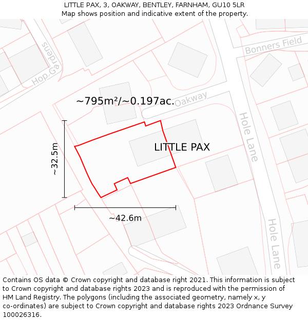 LITTLE PAX, 3, OAKWAY, BENTLEY, FARNHAM, GU10 5LR: Plot and title map