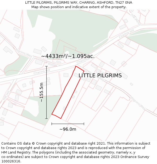 LITTLE PILGRIMS, PILGRIMS WAY, CHARING, ASHFORD, TN27 0NA: Plot and title map
