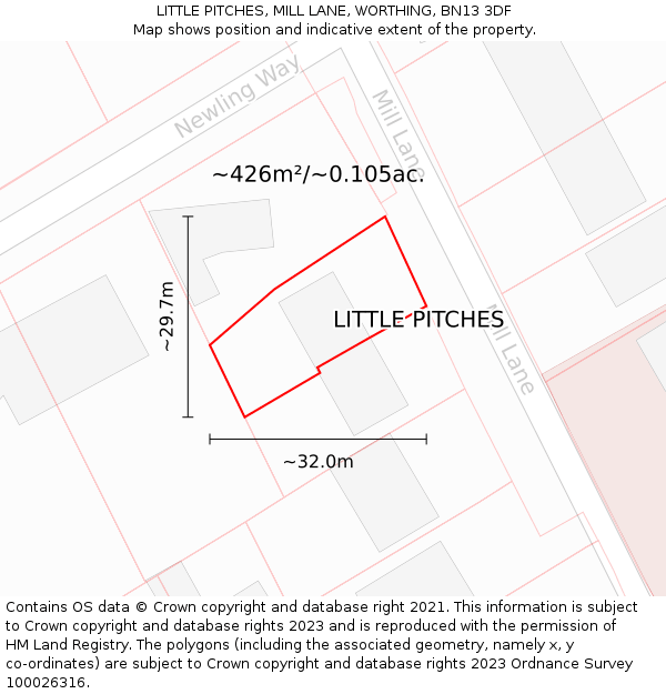 LITTLE PITCHES, MILL LANE, WORTHING, BN13 3DF: Plot and title map