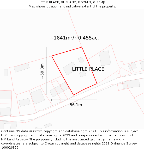 LITTLE PLACE, BLISLAND, BODMIN, PL30 4JF: Plot and title map