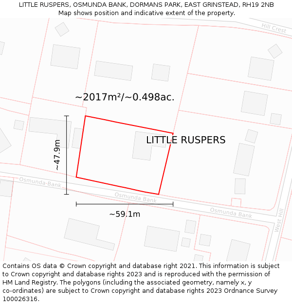 LITTLE RUSPERS, OSMUNDA BANK, DORMANS PARK, EAST GRINSTEAD, RH19 2NB: Plot and title map