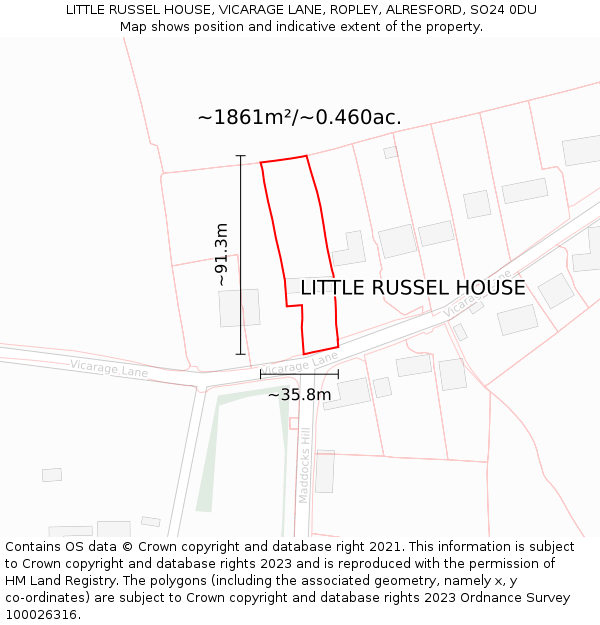 LITTLE RUSSEL HOUSE, VICARAGE LANE, ROPLEY, ALRESFORD, SO24 0DU: Plot and title map