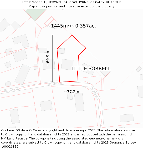 LITTLE SORRELL, HERONS LEA, COPTHORNE, CRAWLEY, RH10 3HE: Plot and title map