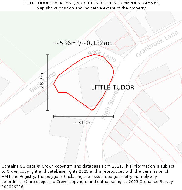 LITTLE TUDOR, BACK LANE, MICKLETON, CHIPPING CAMPDEN, GL55 6SJ: Plot and title map