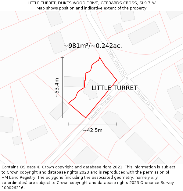 LITTLE TURRET, DUKES WOOD DRIVE, GERRARDS CROSS, SL9 7LW: Plot and title map