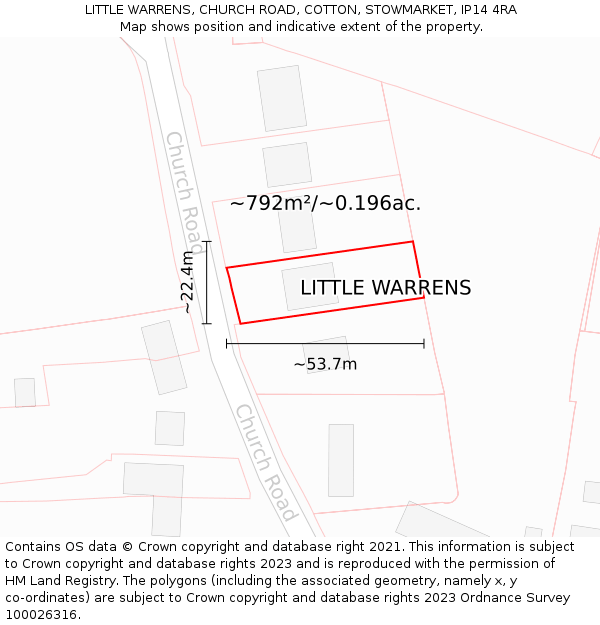 LITTLE WARRENS, CHURCH ROAD, COTTON, STOWMARKET, IP14 4RA: Plot and title map