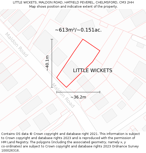LITTLE WICKETS, MALDON ROAD, HATFIELD PEVEREL, CHELMSFORD, CM3 2HH: Plot and title map