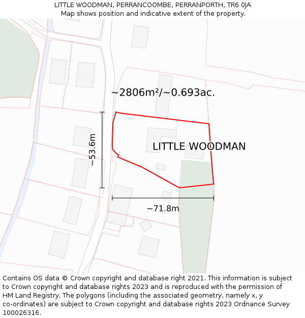 LITTLE WOODMAN, PERRANCOOMBE, PERRANPORTH, TR6 0JA: Plot and title map