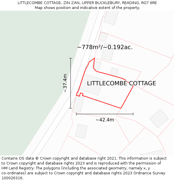 LITTLECOMBE COTTAGE, ZIN ZAN, UPPER BUCKLEBURY, READING, RG7 6RE: Plot and title map