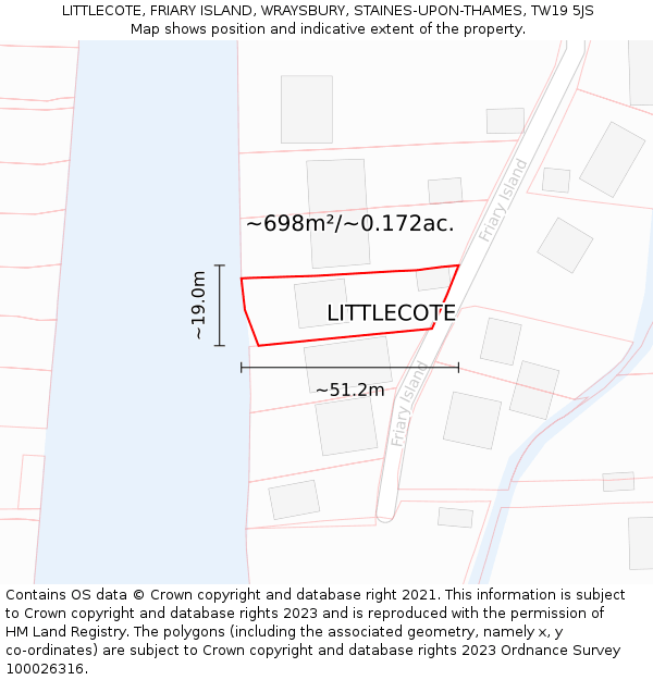 LITTLECOTE, FRIARY ISLAND, WRAYSBURY, STAINES-UPON-THAMES, TW19 5JS: Plot and title map