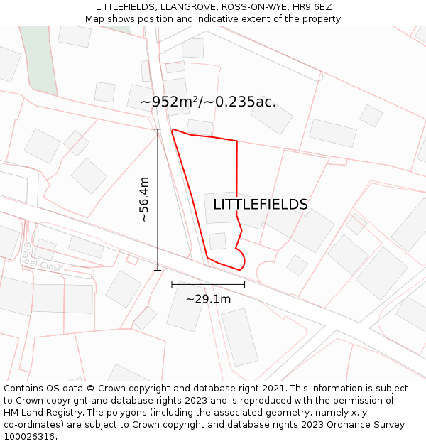LITTLEFIELDS, LLANGROVE, ROSS-ON-WYE, HR9 6EZ: Plot and title map