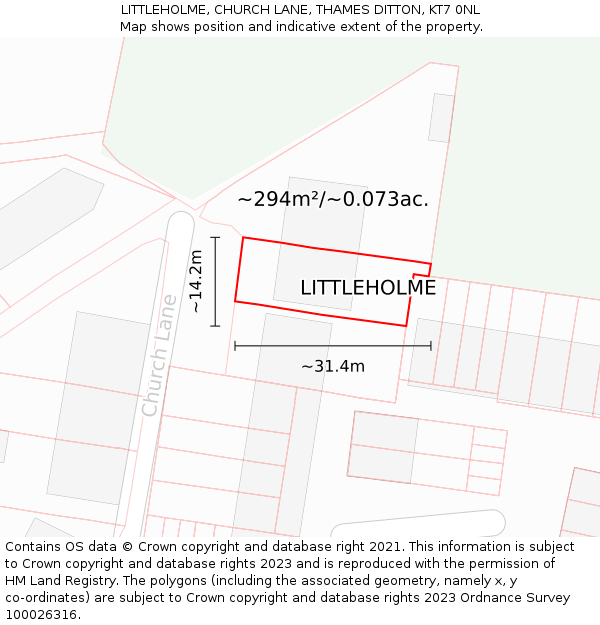 LITTLEHOLME, CHURCH LANE, THAMES DITTON, KT7 0NL: Plot and title map