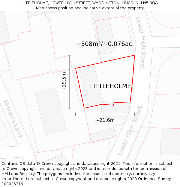 LITTLEHOLME, LOWER HIGH STREET, WADDINGTON, LINCOLN, LN5 9QA: Plot and title map