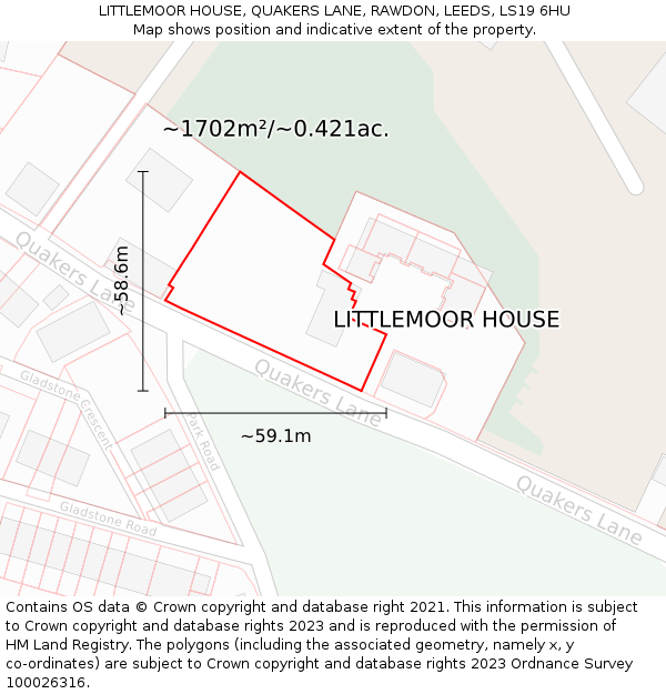 LITTLEMOOR HOUSE, QUAKERS LANE, RAWDON, LEEDS, LS19 6HU: Plot and title map