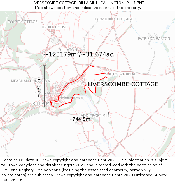 LIVERSCOMBE COTTAGE, RILLA MILL, CALLINGTON, PL17 7NT: Plot and title map