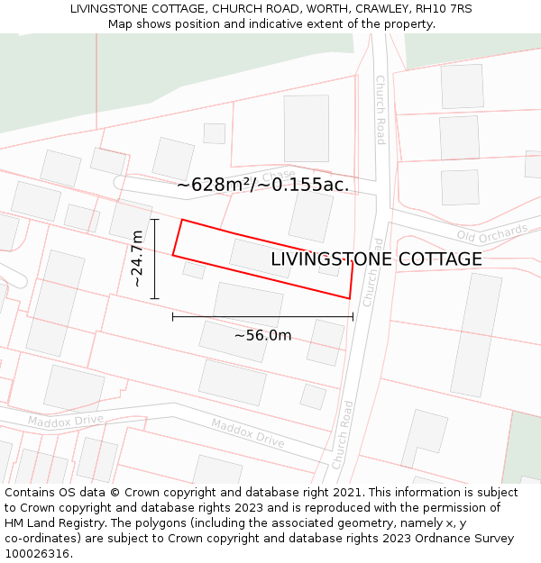 LIVINGSTONE COTTAGE, CHURCH ROAD, WORTH, CRAWLEY, RH10 7RS: Plot and title map