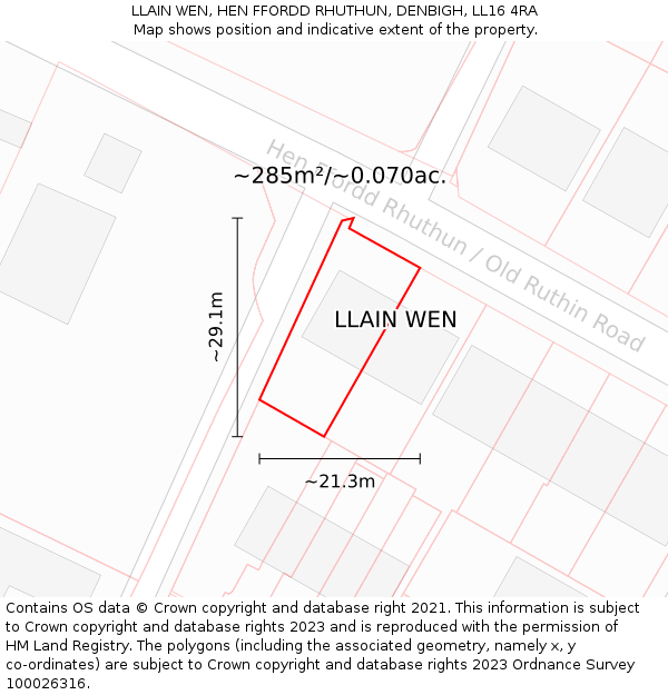 LLAIN WEN, HEN FFORDD RHUTHUN, DENBIGH, LL16 4RA: Plot and title map