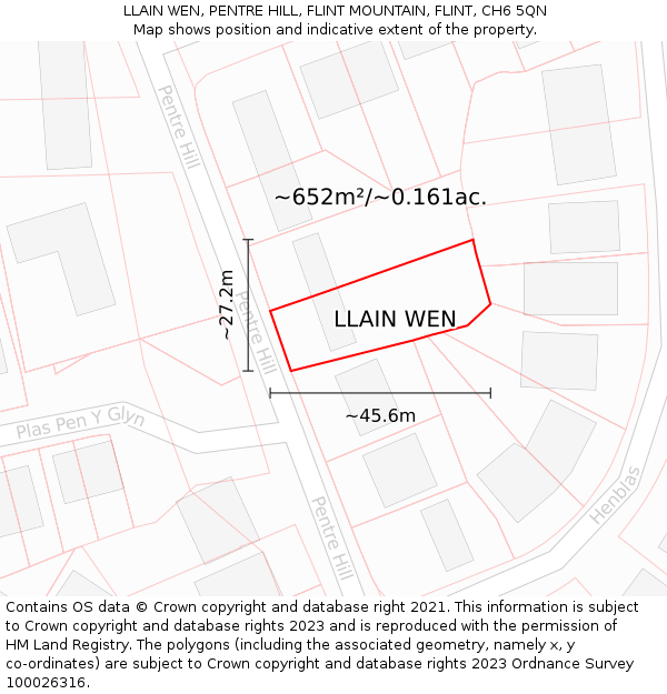 LLAIN WEN, PENTRE HILL, FLINT MOUNTAIN, FLINT, CH6 5QN: Plot and title map