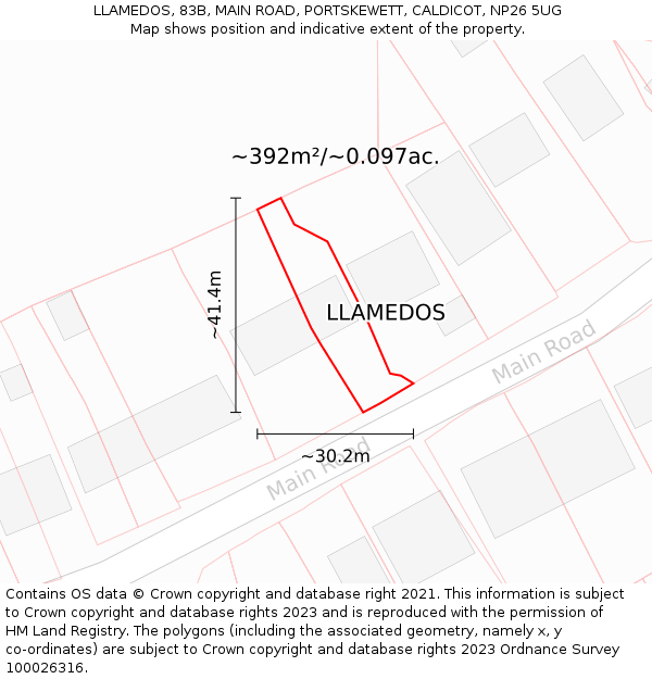 LLAMEDOS, 83B, MAIN ROAD, PORTSKEWETT, CALDICOT, NP26 5UG: Plot and title map