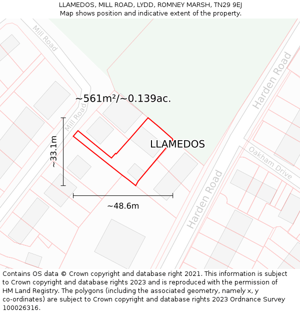 LLAMEDOS, MILL ROAD, LYDD, ROMNEY MARSH, TN29 9EJ: Plot and title map