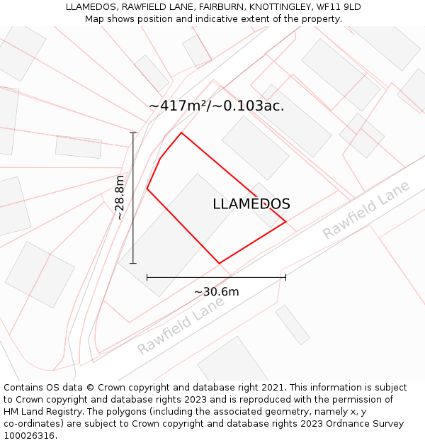 LLAMEDOS, RAWFIELD LANE, FAIRBURN, KNOTTINGLEY, WF11 9LD: Plot and title map