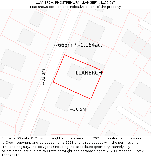 LLANERCH, RHOSTREHWFA, LLANGEFNI, LL77 7YP: Plot and title map