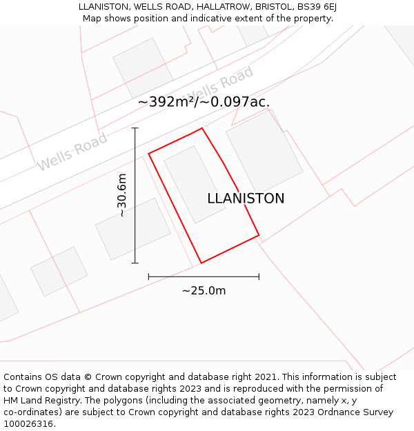 LLANISTON, WELLS ROAD, HALLATROW, BRISTOL, BS39 6EJ: Plot and title map