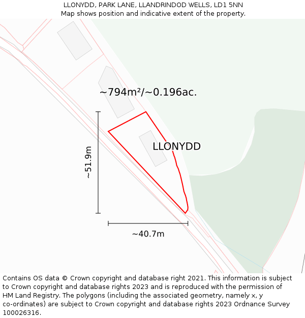 LLONYDD, PARK LANE, LLANDRINDOD WELLS, LD1 5NN: Plot and title map