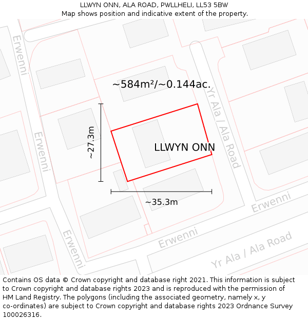 LLWYN ONN, ALA ROAD, PWLLHELI, LL53 5BW: Plot and title map