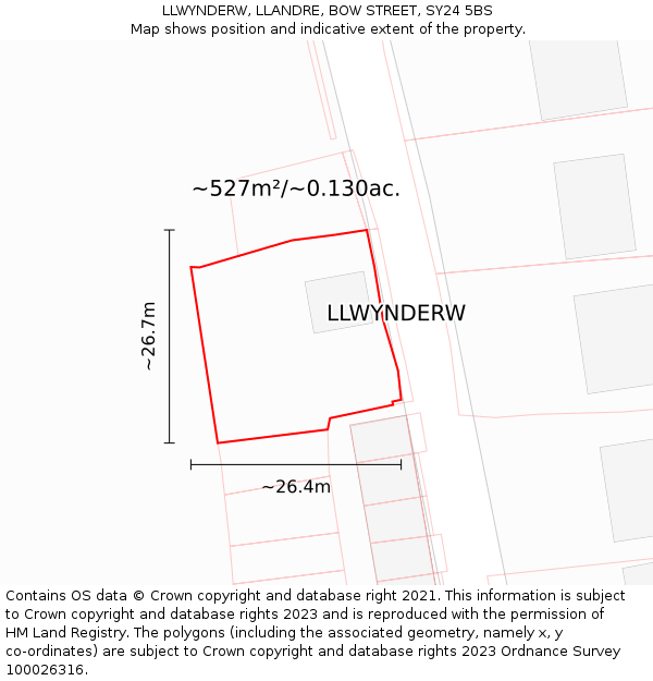 LLWYNDERW, LLANDRE, BOW STREET, SY24 5BS: Plot and title map