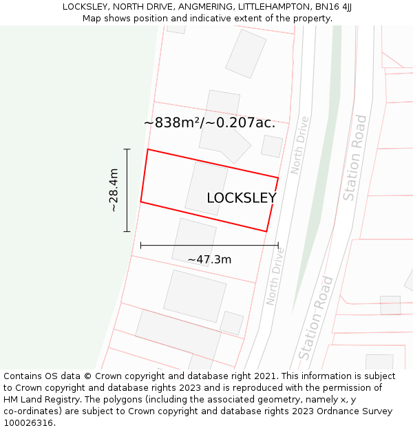 LOCKSLEY, NORTH DRIVE, ANGMERING, LITTLEHAMPTON, BN16 4JJ: Plot and title map