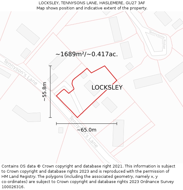 LOCKSLEY, TENNYSONS LANE, HASLEMERE, GU27 3AF: Plot and title map