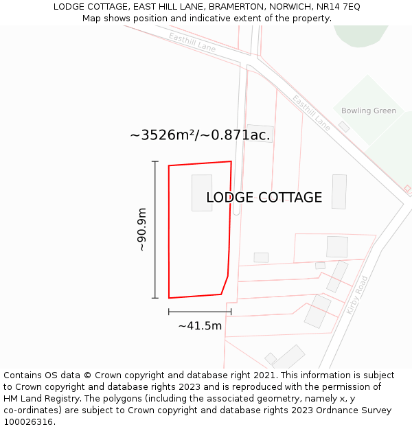 LODGE COTTAGE, EAST HILL LANE, BRAMERTON, NORWICH, NR14 7EQ: Plot and title map