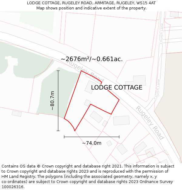 LODGE COTTAGE, RUGELEY ROAD, ARMITAGE, RUGELEY, WS15 4AT: Plot and title map