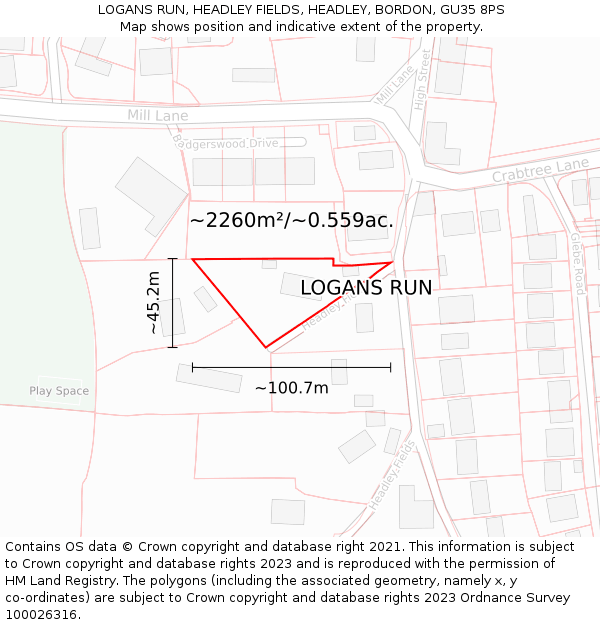 LOGANS RUN, HEADLEY FIELDS, HEADLEY, BORDON, GU35 8PS: Plot and title map