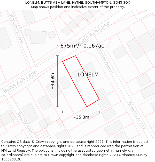 LONELM, BUTTS ASH LANE, HYTHE, SOUTHAMPTON, SO45 3QX: Plot and title map