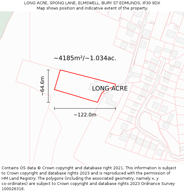 LONG ACRE, SPONG LANE, ELMSWELL, BURY ST EDMUNDS, IP30 9DX: Plot and title map