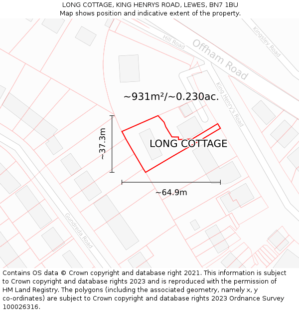LONG COTTAGE, KING HENRYS ROAD, LEWES, BN7 1BU: Plot and title map