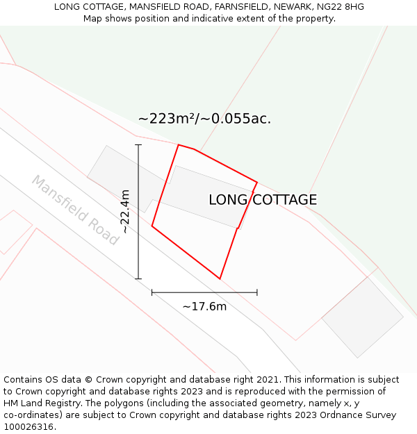 LONG COTTAGE, MANSFIELD ROAD, FARNSFIELD, NEWARK, NG22 8HG: Plot and title map