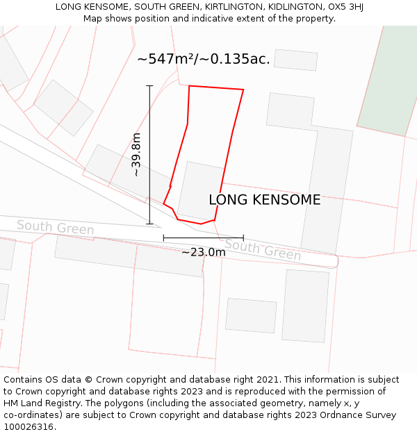 LONG KENSOME, SOUTH GREEN, KIRTLINGTON, KIDLINGTON, OX5 3HJ: Plot and title map
