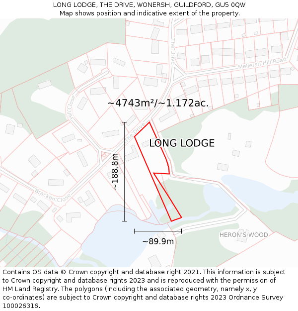 LONG LODGE, THE DRIVE, WONERSH, GUILDFORD, GU5 0QW: Plot and title map
