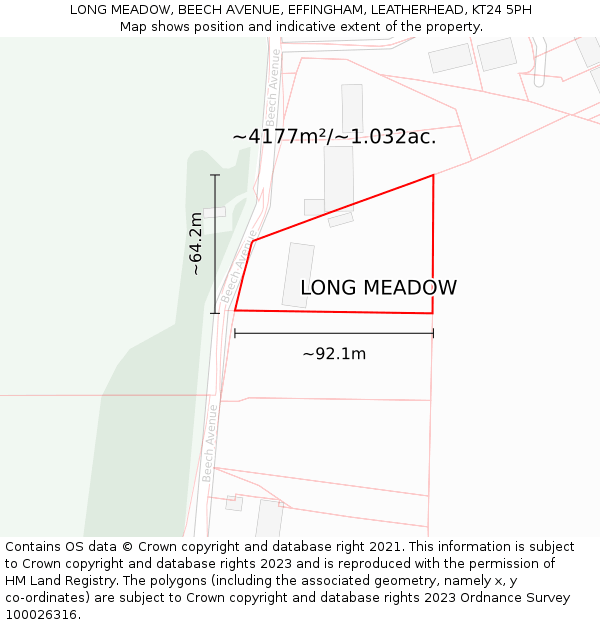 LONG MEADOW, BEECH AVENUE, EFFINGHAM, LEATHERHEAD, KT24 5PH: Plot and title map