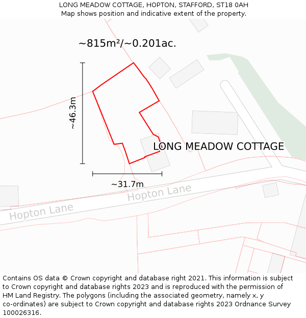 LONG MEADOW COTTAGE, HOPTON, STAFFORD, ST18 0AH: Plot and title map