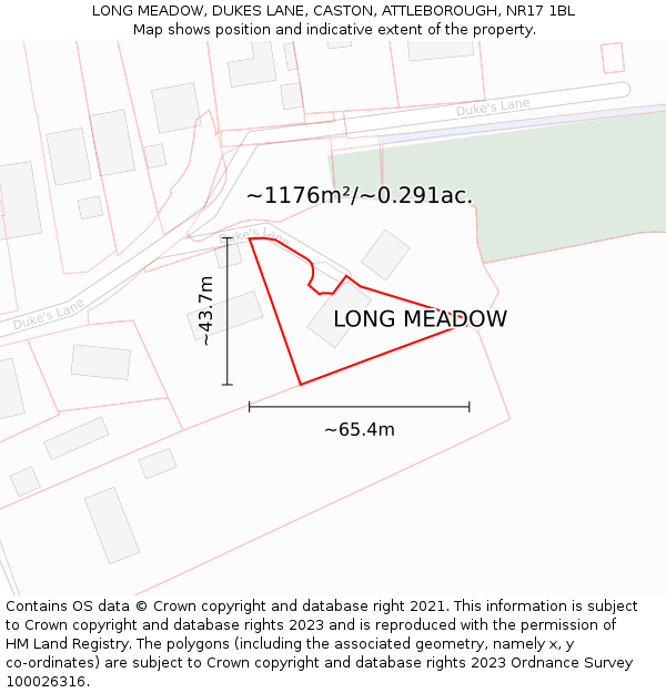 LONG MEADOW, DUKES LANE, CASTON, ATTLEBOROUGH, NR17 1BL: Plot and title map