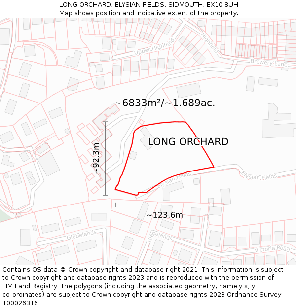 LONG ORCHARD, ELYSIAN FIELDS, SIDMOUTH, EX10 8UH: Plot and title map