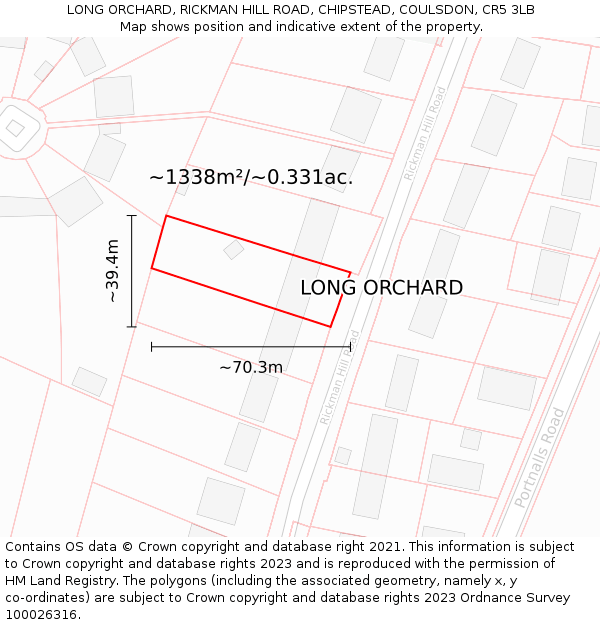 LONG ORCHARD, RICKMAN HILL ROAD, CHIPSTEAD, COULSDON, CR5 3LB: Plot and title map