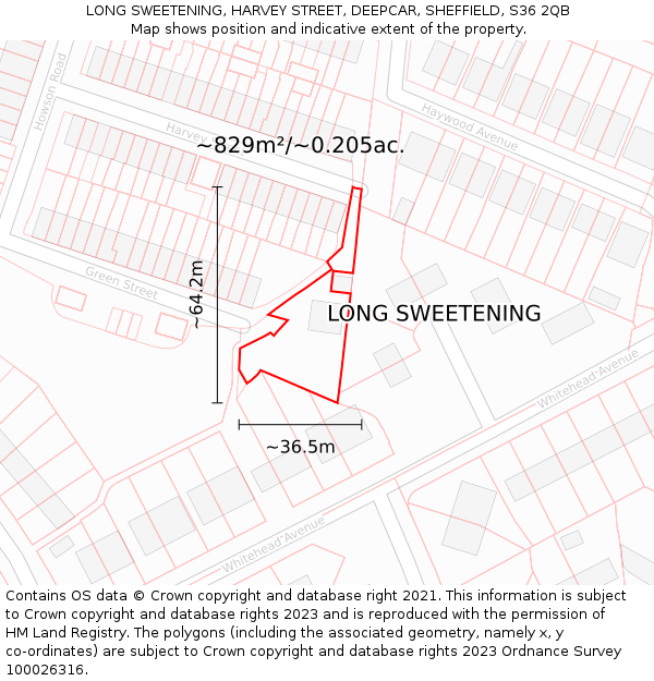 LONG SWEETENING, HARVEY STREET, DEEPCAR, SHEFFIELD, S36 2QB: Plot and title map