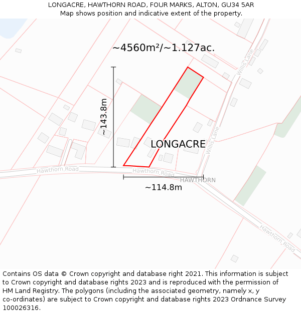 LONGACRE, HAWTHORN ROAD, FOUR MARKS, ALTON, GU34 5AR: Plot and title map