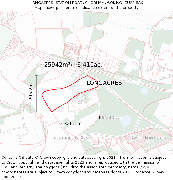 LONGACRES, STATION ROAD, CHOBHAM, WOKING, GU24 8AX: Plot and title map